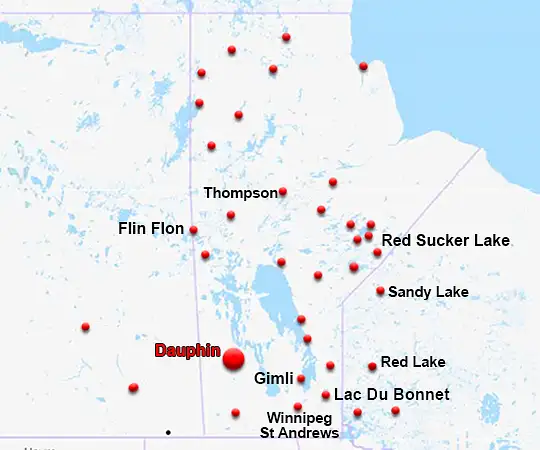 Map showing the location of Dauphin in Manitoba